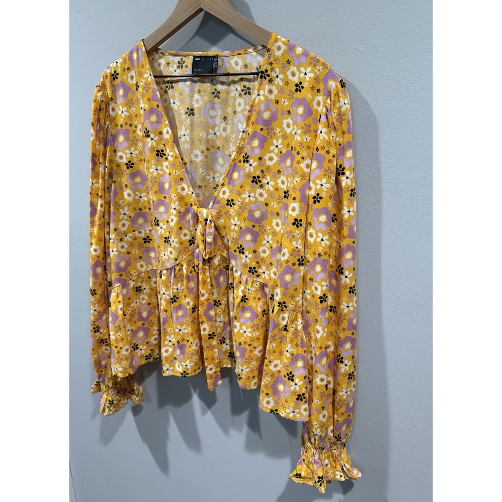ASOS Design Curve Size U.S. 18 Long Sleeve Tie Front Shirred Cuff Floral Blouse - Picture 4 of 9